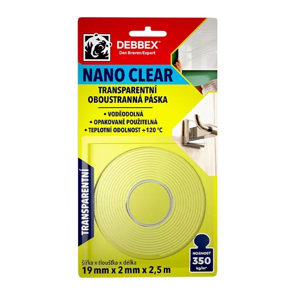 Transparentní oboustranná páska NANO CLEAR 19 mm × 2 mm, délka 2,5 m 2,5 m transparentní Debbex