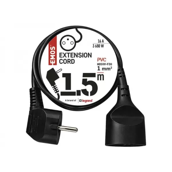 Prodlužovací kabel 1,5 m EMOS PC0111 černý / 1 zásuvka /  PVC / 1 mm2