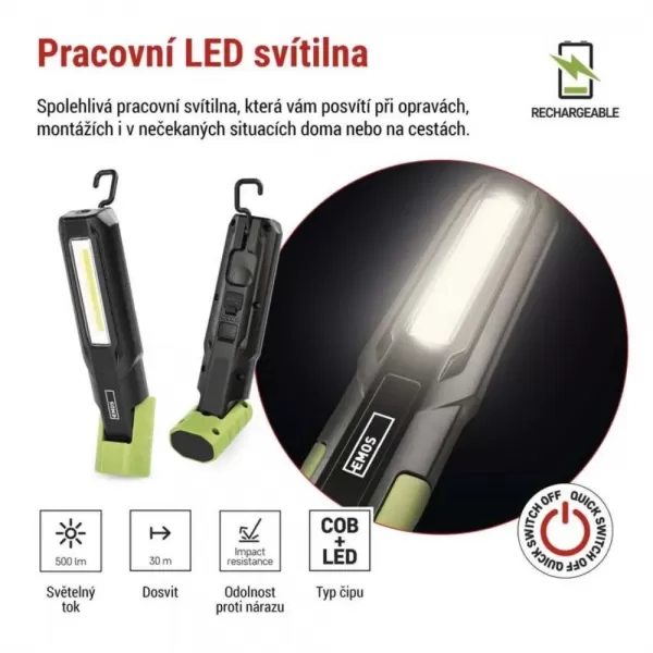 Nabíjecí svítilna EMOS P4546, 500 lm, 2000 mAh, COB LED+LED