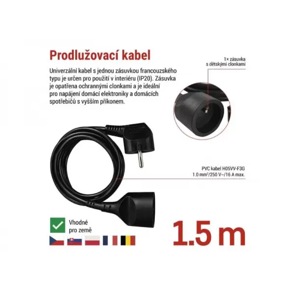 Prodlužovací kabel 1,5 m EMOS PC0111 černý / 1 zásuvka / PVC / 1 mm2